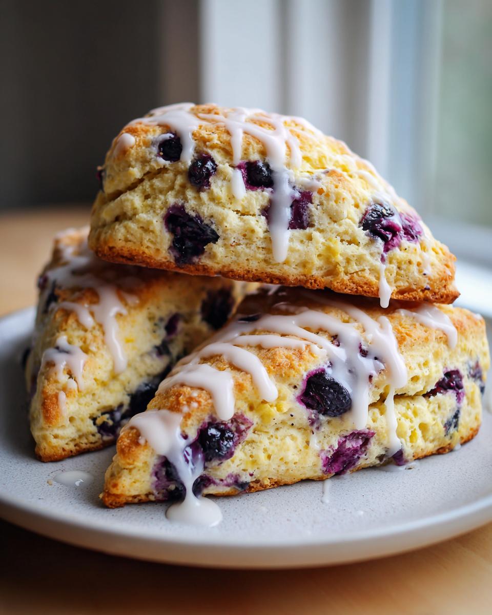 Three freshly baked lemon blueberry scones stacked and drizzled generously with white lemon glaze.