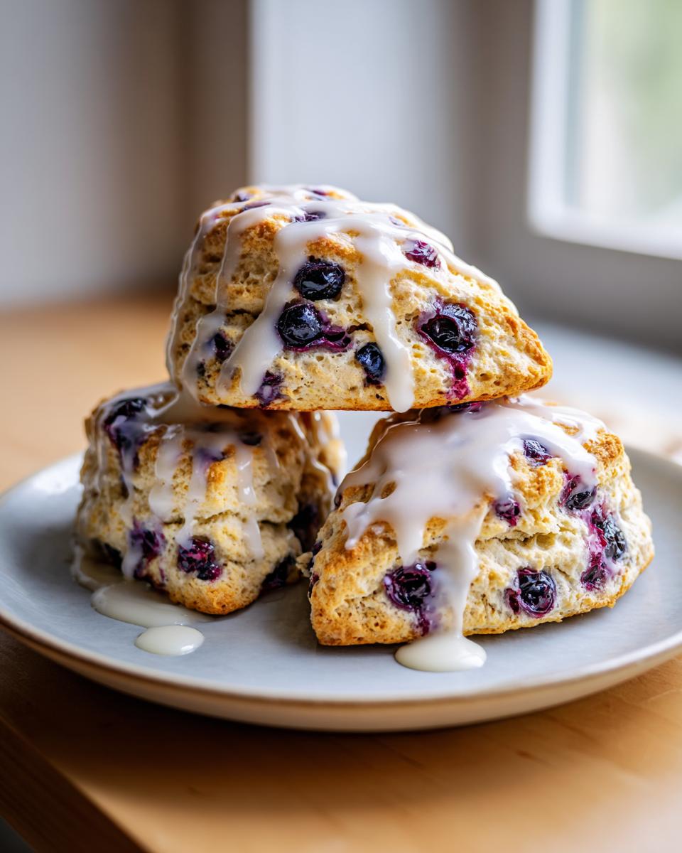 A stack of three delicious lemon blueberry scones drizzled generously with a white lemon glaze.
