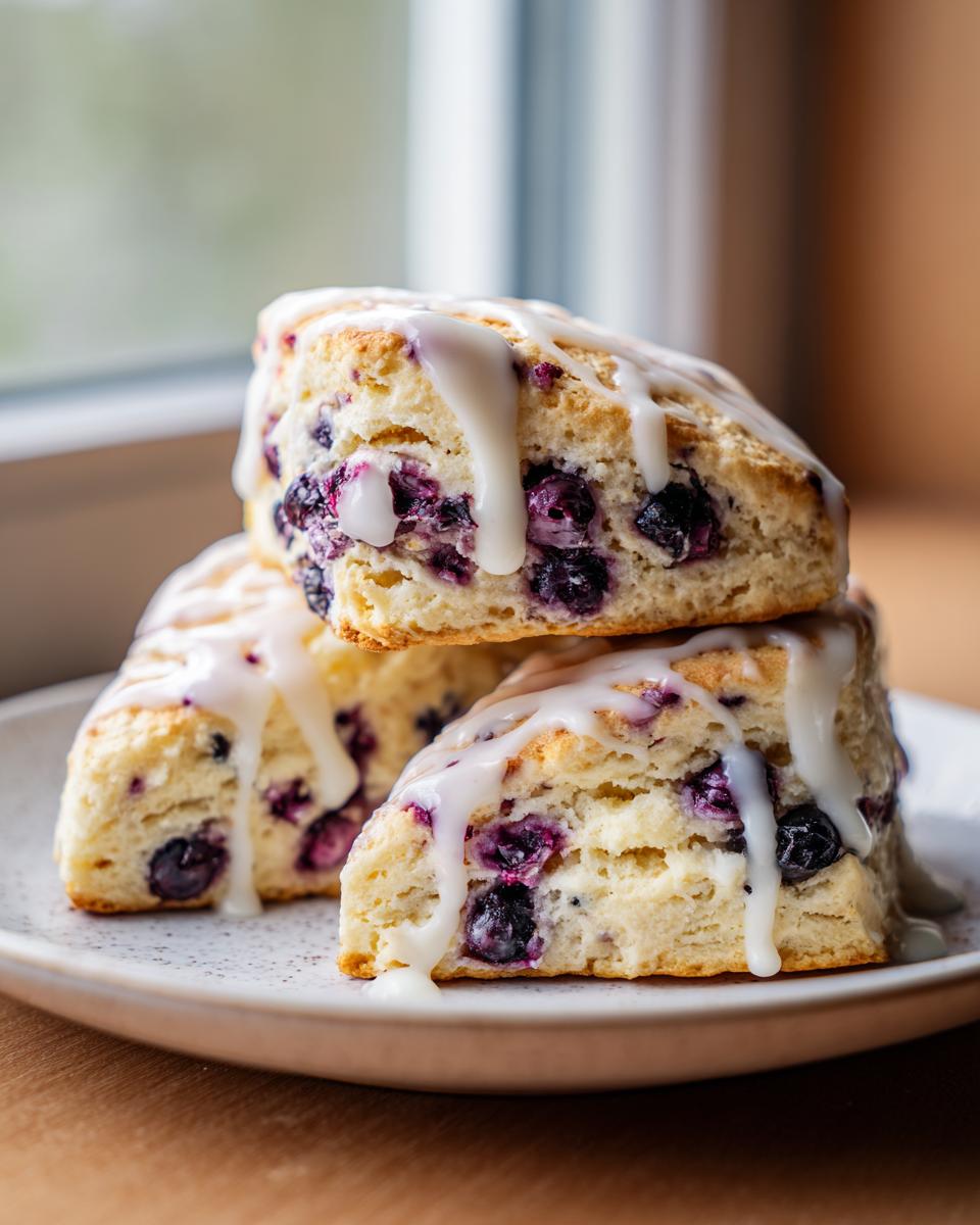 A stack of three delicious lemon blueberry scones drizzled with white lemon glaze.