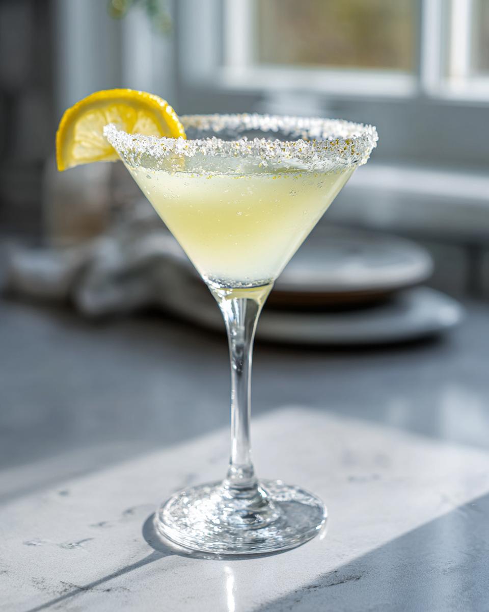 A bright, chilled lemon drop martini in a stemmed glass with a sparkling sugar rim and lemon slice garnish.