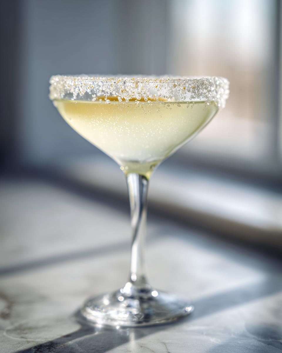 A chilled lemon drop martini in a coupe glass with a sparkling sugar rim, set against a bright, blurred background.