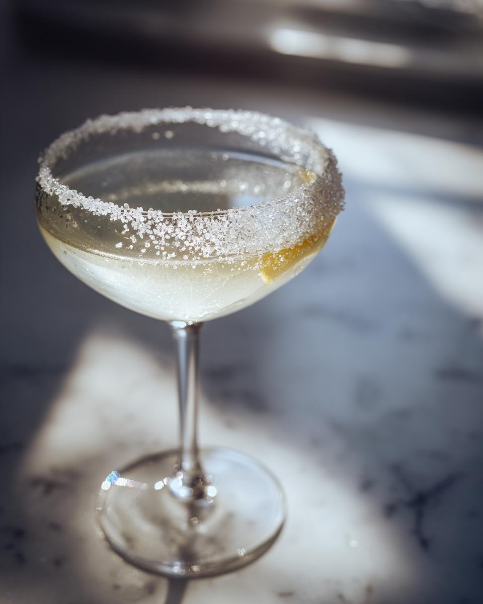 Close-up of a chilled lemon drop martini with a thick sugar rim and lemon twist garnish.