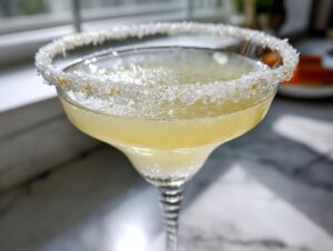 Close-up of a chilled lemon drop martini with a thick, sparkling sugar rim, set against a bright window.