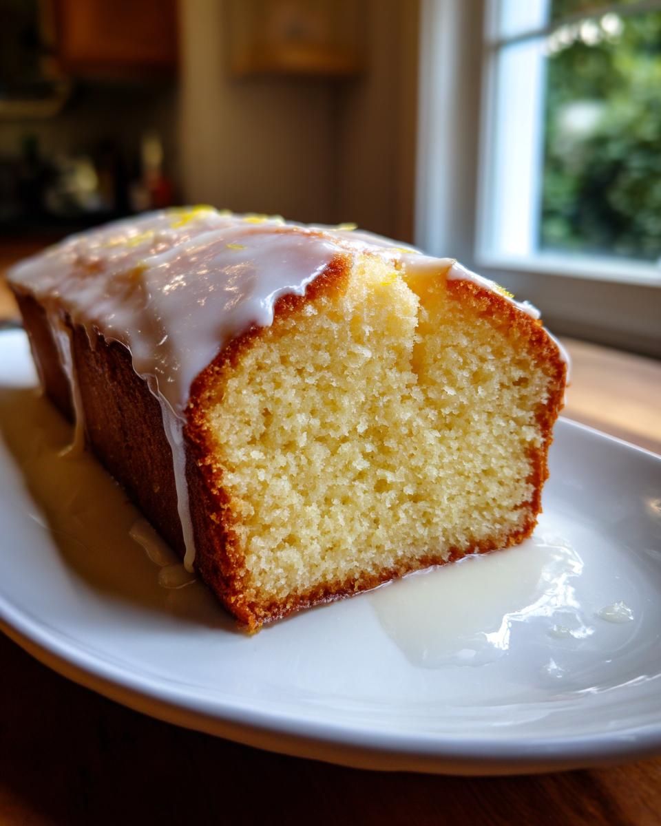 A close-up of a freshly baked lemon pound cake loaf, drizzled with white glaze and lemon zest, sitting on a white plate.