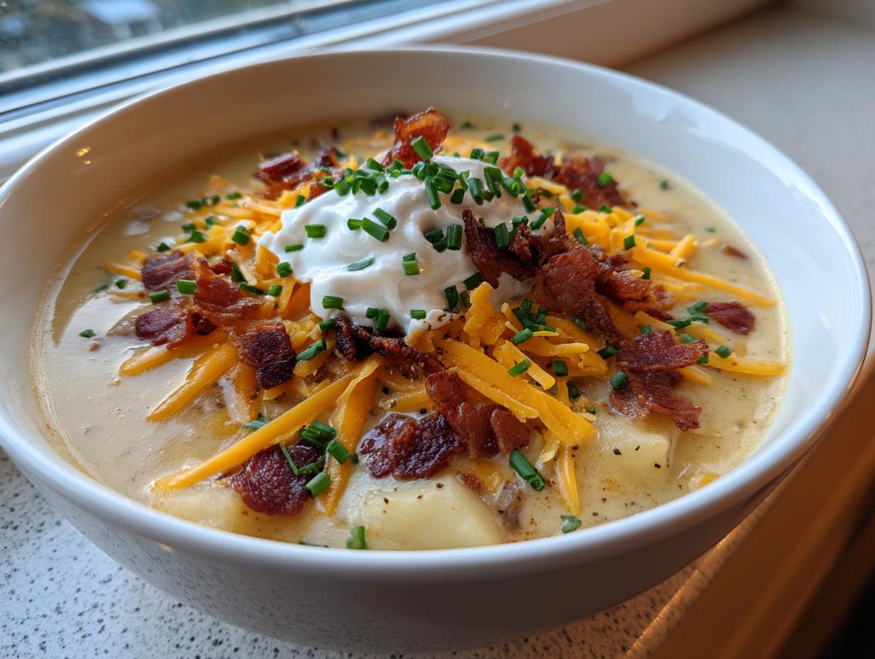 A close-up of creamy Loaded Baked Potato Soup topped generously with shredded cheese, bacon bits, sour cream, and chives.