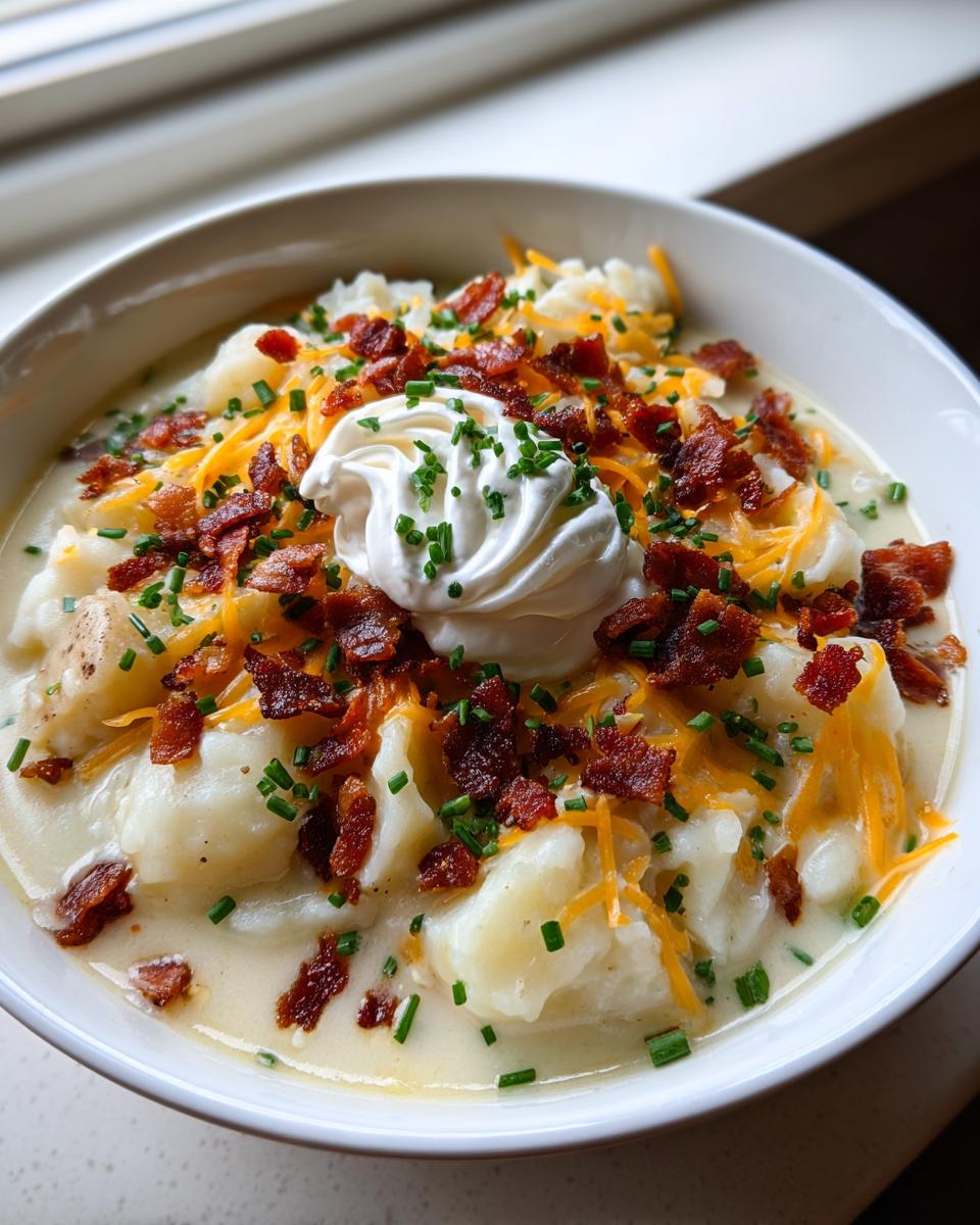 A hearty bowl of Loaded Baked Potato Soup topped generously with shredded cheddar, crispy bacon bits, chives, and a dollop of sour cream.