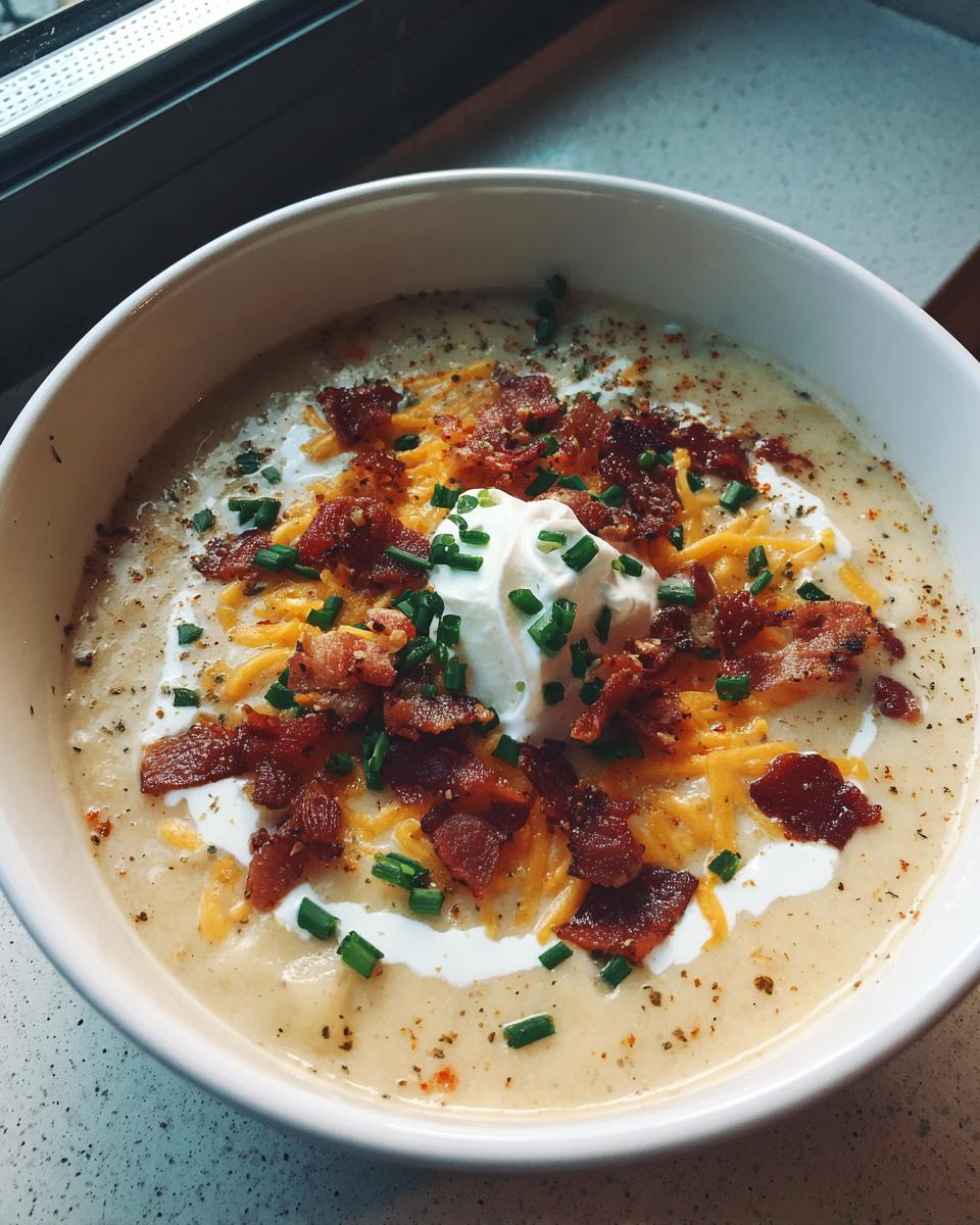 A close-up of a bowl of creamy Loaded Baked Potato Soup topped generously with shredded cheddar, bacon bits, sour cream, and chives.