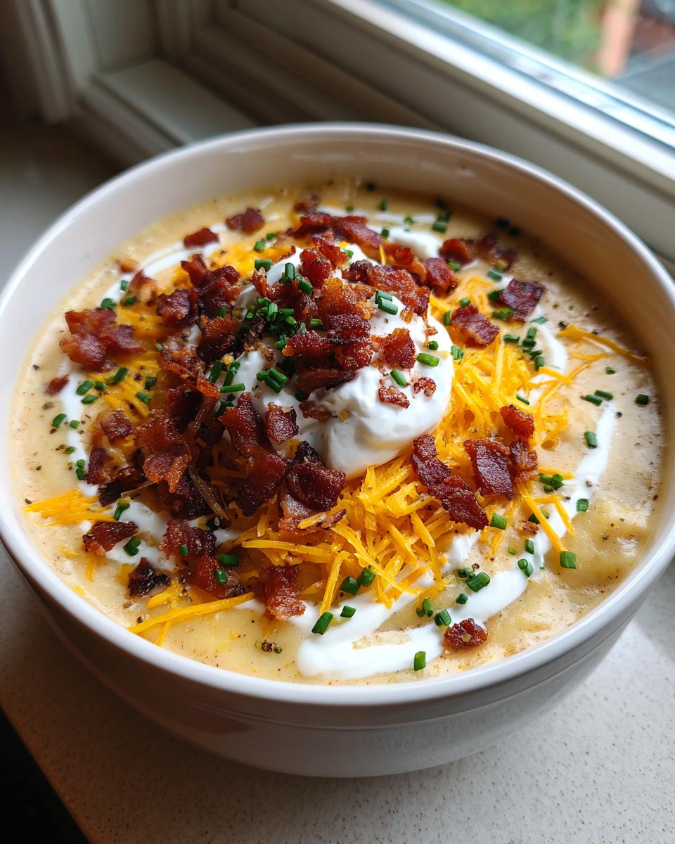 A creamy bowl of Loaded Baked Potato Soup topped generously with shredded cheddar, bacon bits, sour cream, and chives.