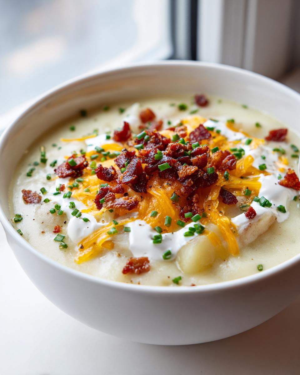 A close-up of a creamy bowl of Loaded Baked Potato Soup topped generously with shredded cheddar, bacon bits, sour cream, and chives.