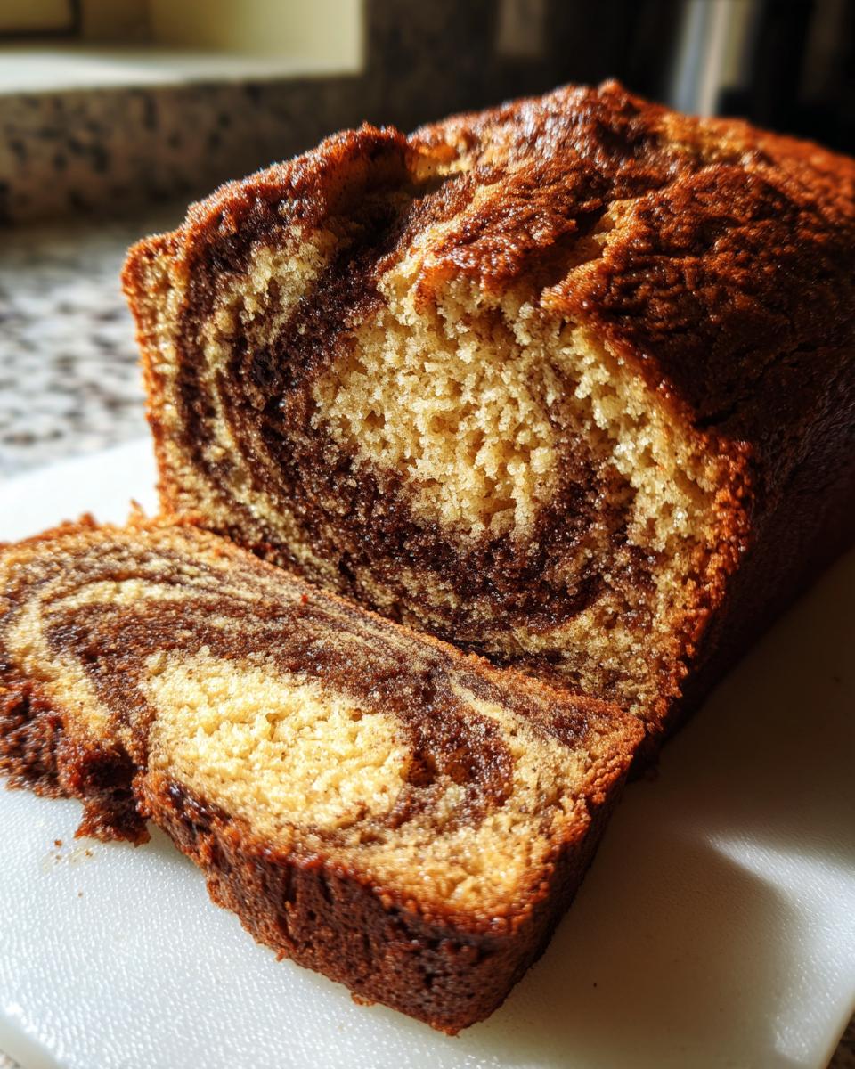 Close-up of a sliced loaf of marbled banana zucchini bread showing moist texture and dark chocolate swirls.