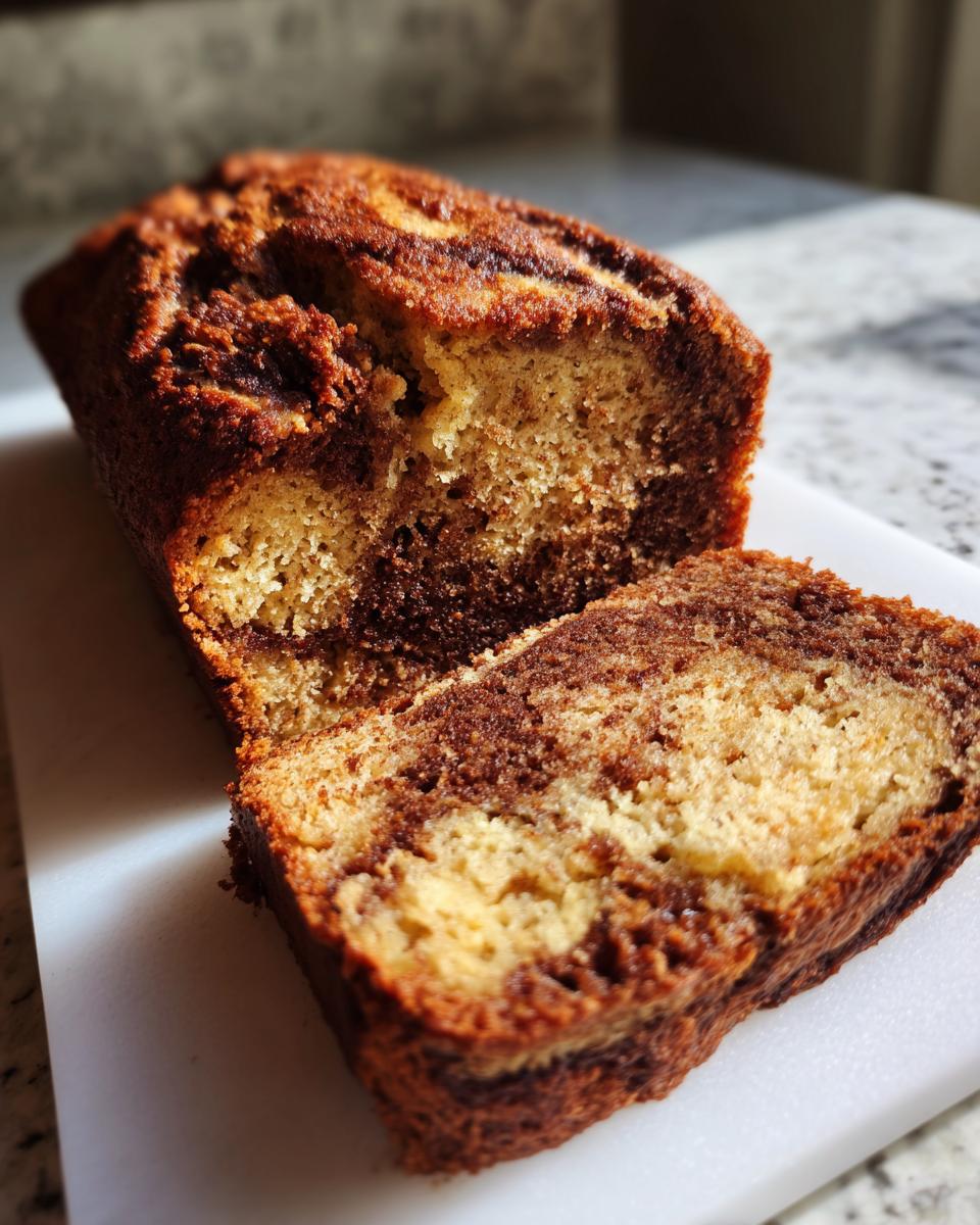 Close-up of a loaf of marbled banana zucchini bread, with one slice cut, showing the swirl of light and dark batter.