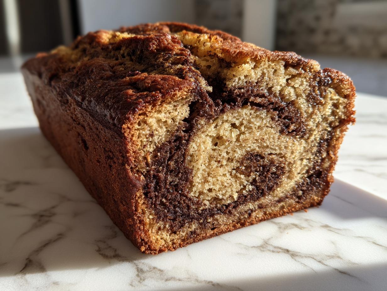 A close-up of a freshly baked loaf of marbled banana zucchini bread showing the swirl of light and dark batter.