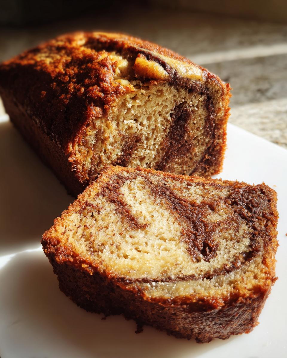 Close-up of a slice of marbled banana zucchini bread showing moist texture and chocolate swirl.