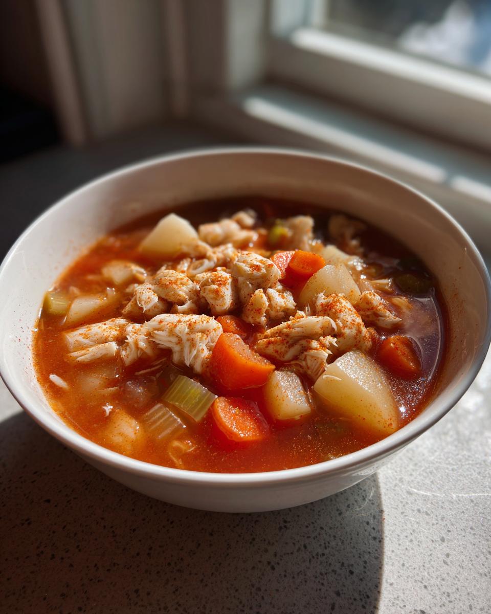 Close-up of a bowl of rich, tomato-based Maryland crab soup topped generously with lump crab meat and Old Bay seasoning.
