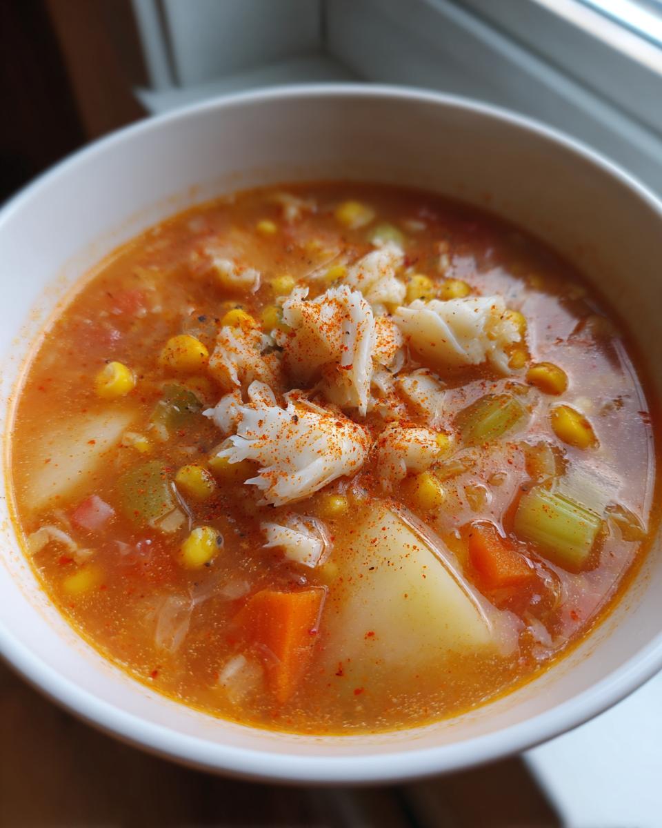 Close-up of a bowl of rich, orange Maryland crab soup topped with white crab meat and paprika.