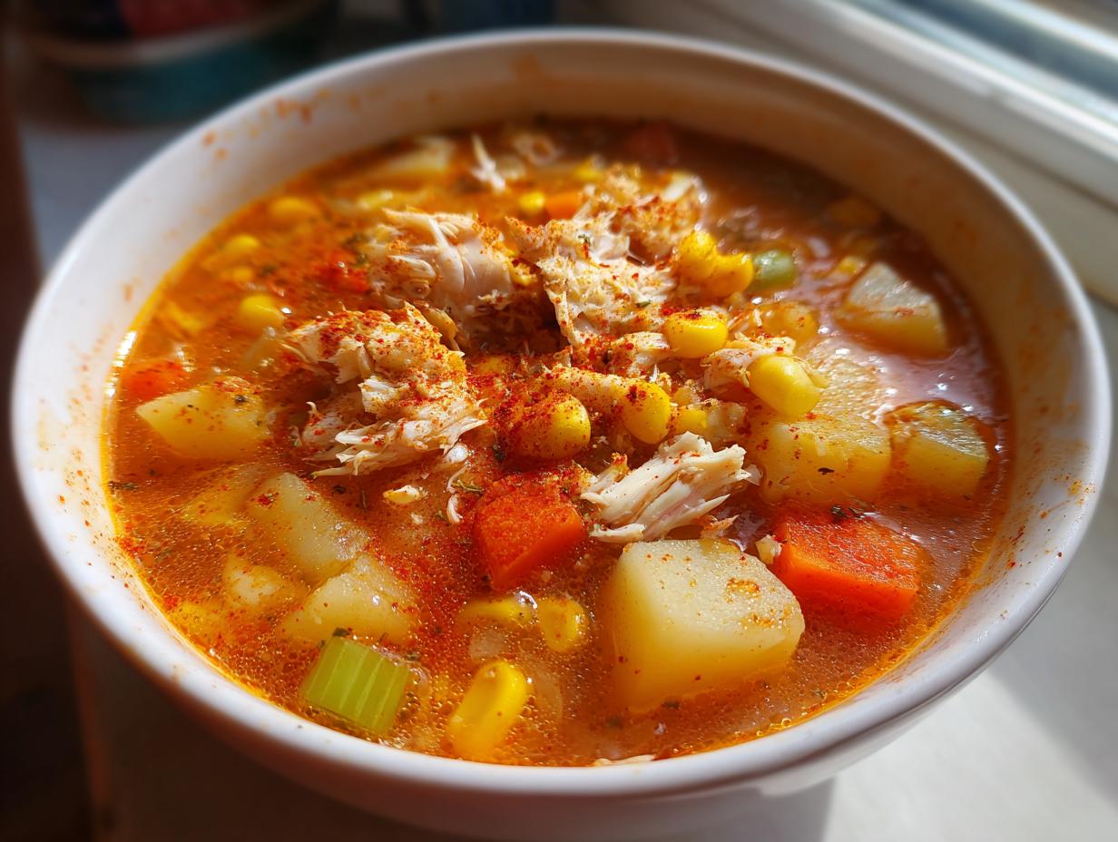 Close-up of a bowl of rich, orange Maryland crab soup filled with potatoes, carrots, corn, and topped with crab meat and paprika.
