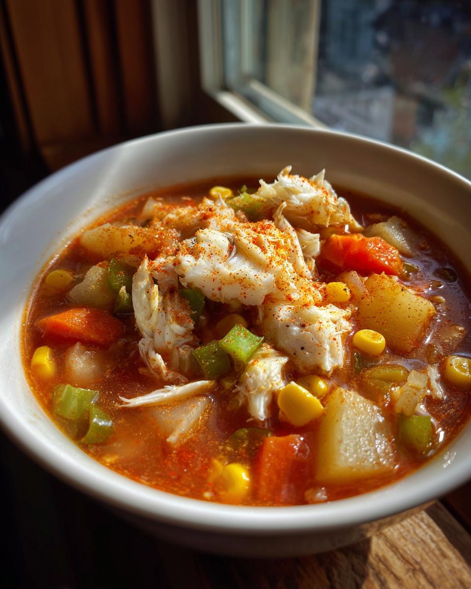A close-up of a bowl of rich, tomato-based Maryland crab soup topped with lump crab meat and Old Bay seasoning.