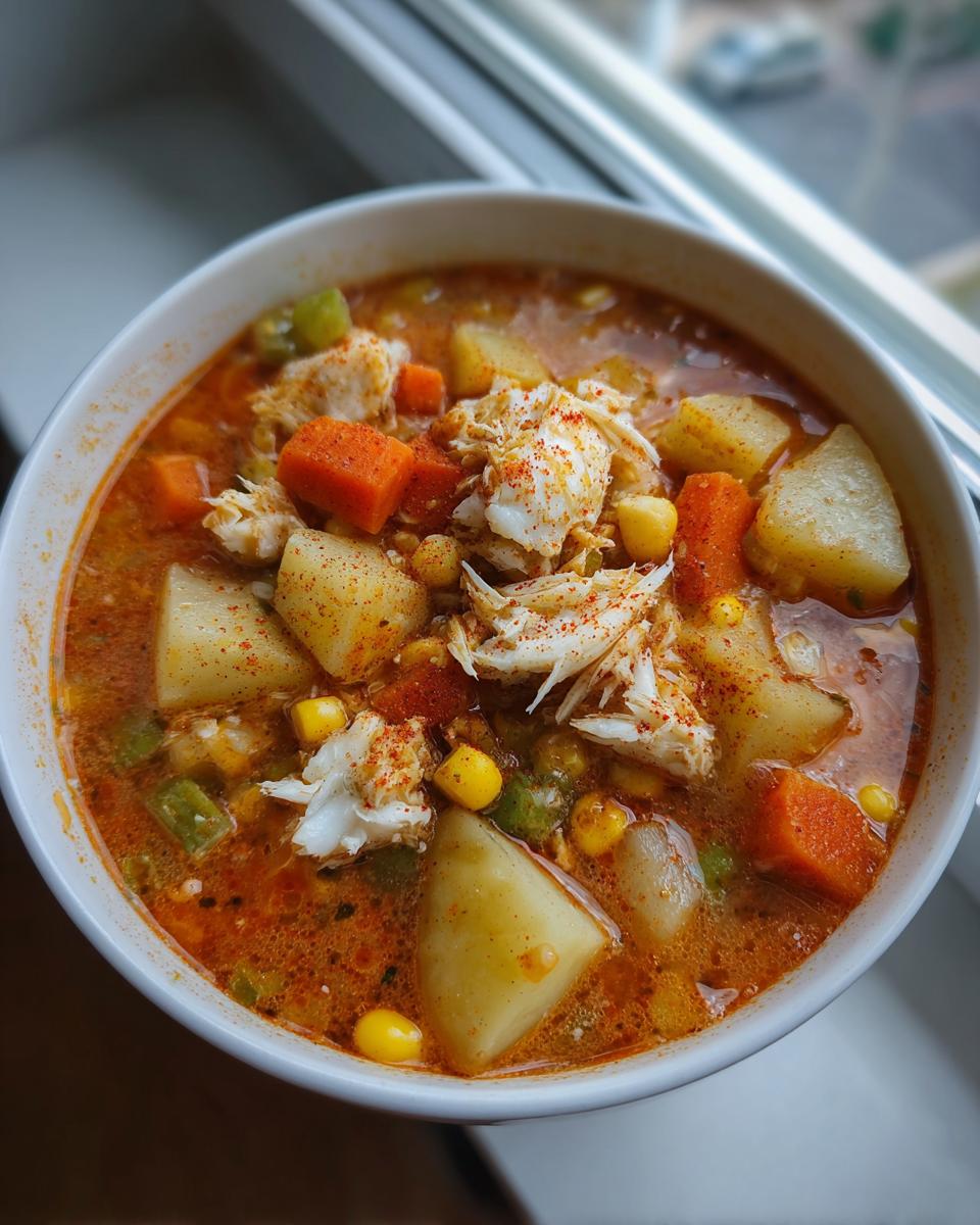 Close-up of a white bowl filled with rich, reddish Maryland Crab Soup, topped with flaky crab meat, potatoes, carrots, and corn.