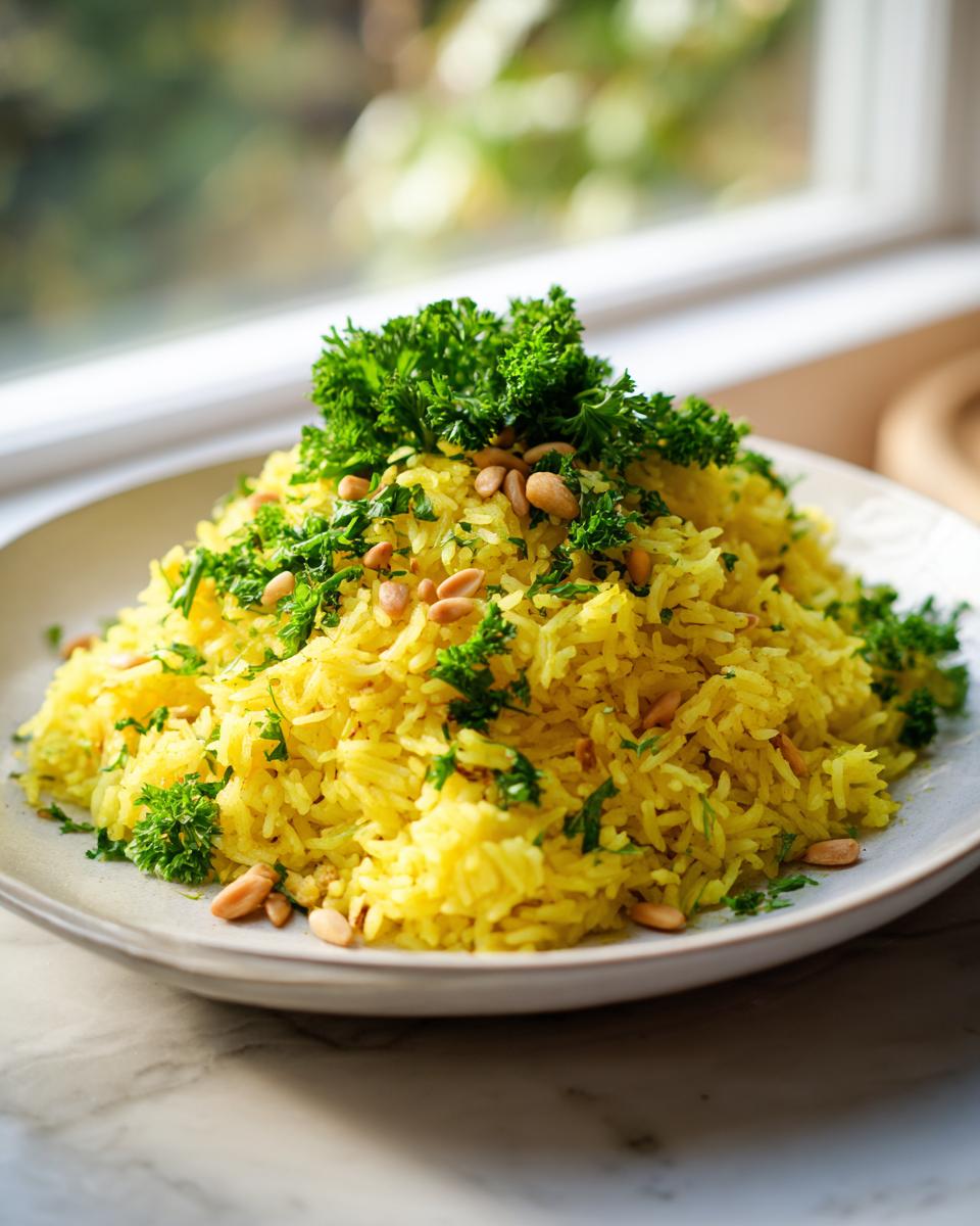 A mound of bright yellow mediterranean rice garnished generously with fresh parsley and toasted pine nuts.