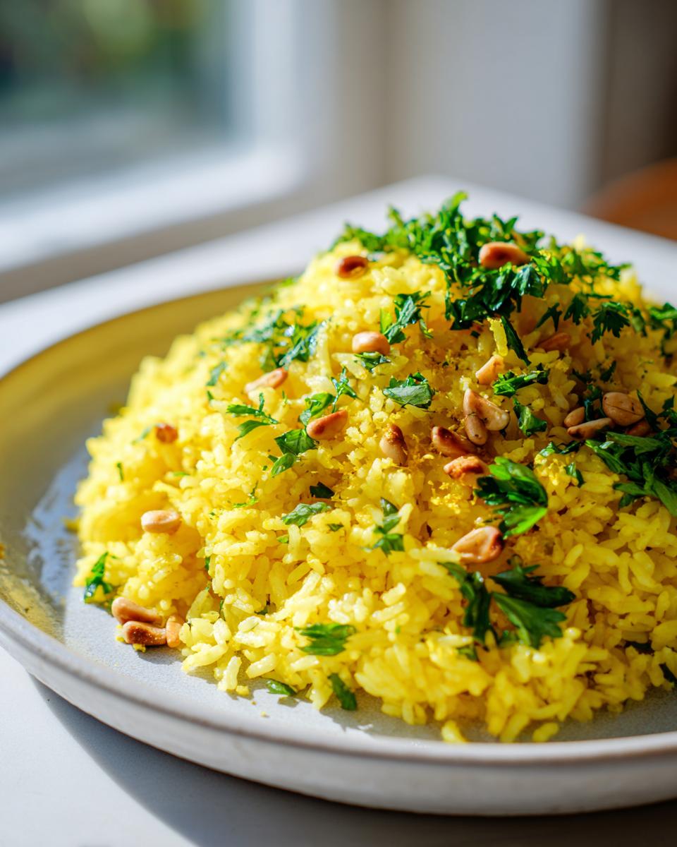 A mound of vibrant yellow mediterranean rice topped with toasted pine nuts and fresh chopped parsley.