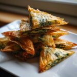 A stack of golden brown, crispy Mediterranean Spinach and Feta Cheese Crisps on a white plate.