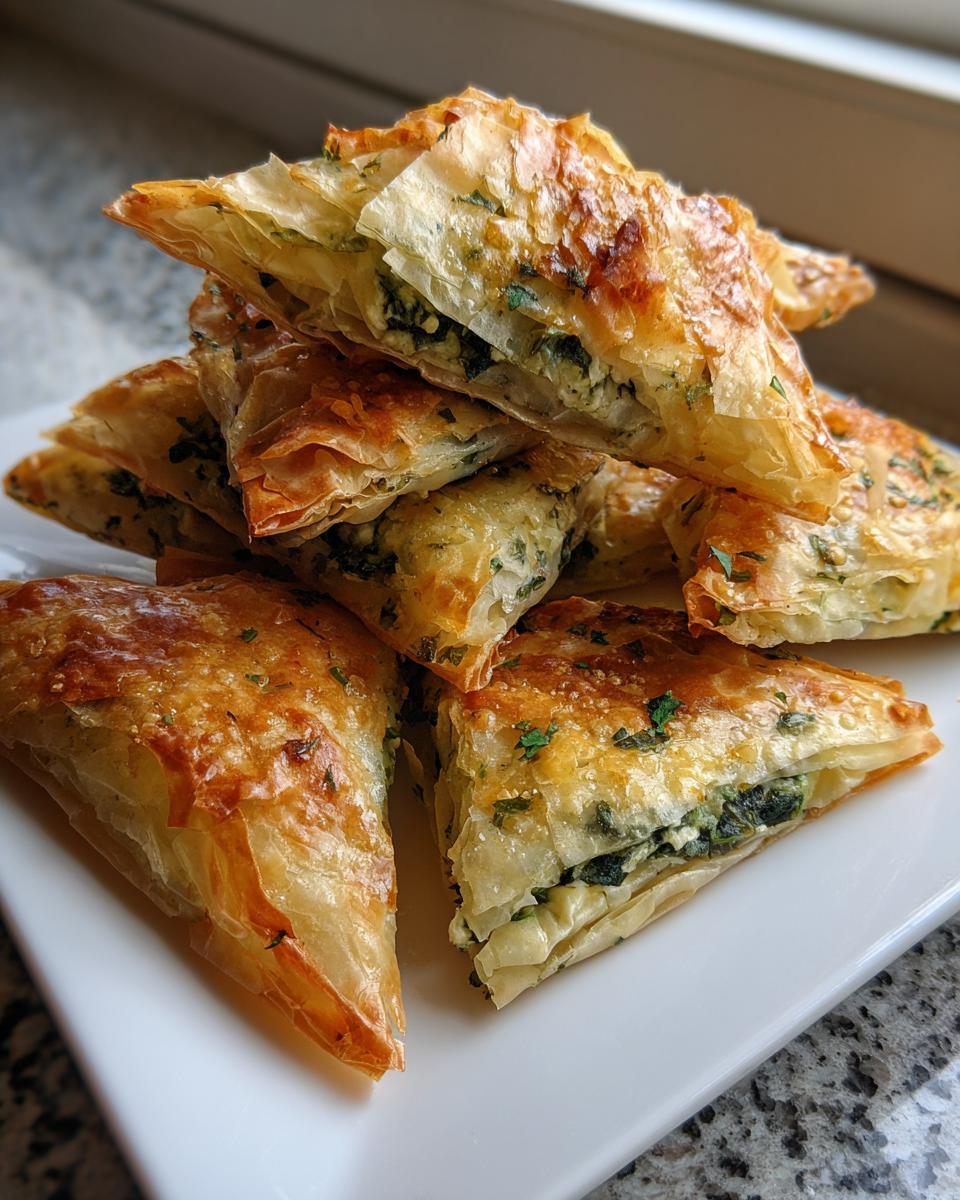 A stack of golden brown, flaky Mediterranean Spinach and Feta Cheese Crisps triangles on a white plate.