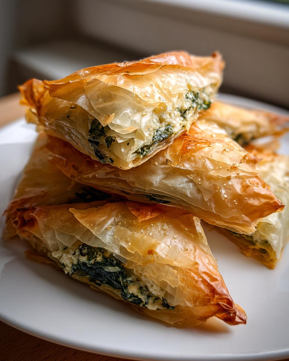Close-up of stacked, golden brown Mediterranean Spinach and Feta Cheese Crisps with flaky phyllo dough.