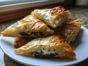 A stack of golden, flaky Mediterranean Spinach and Feta Cheese Crisps on a white plate.