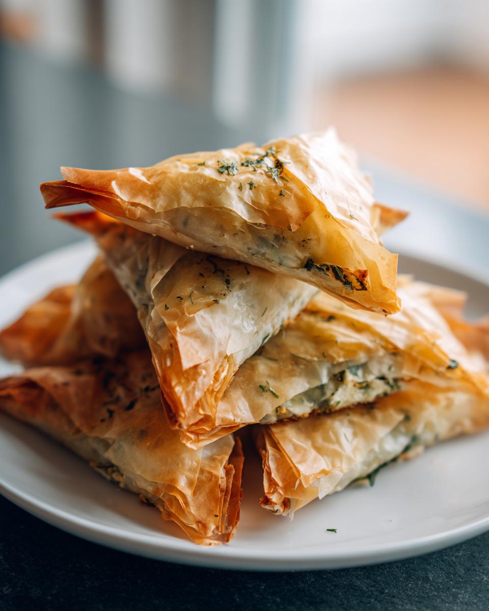 A stack of golden, flaky Mediterranean Spinach and Feta Cheese Crisps on a white plate.