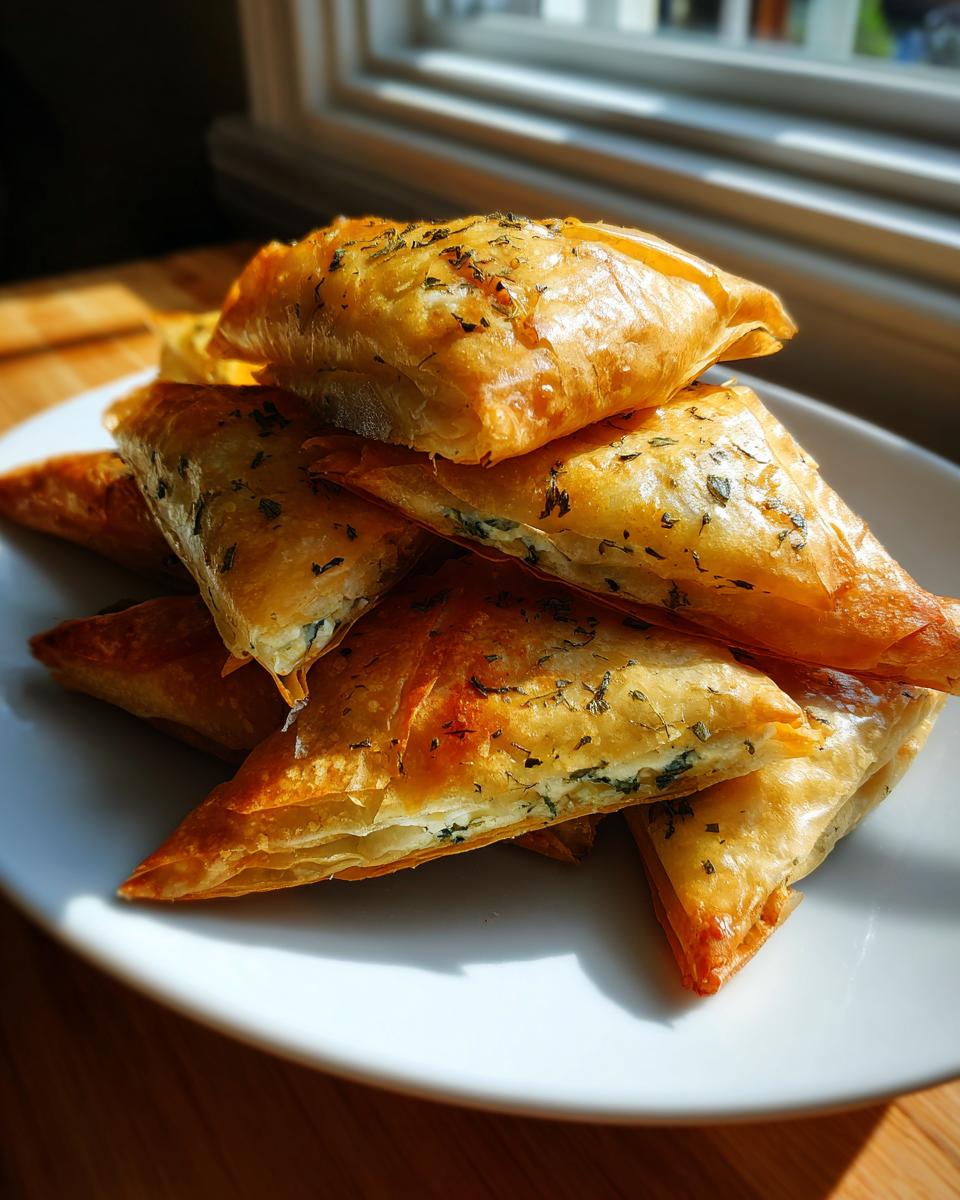 A stack of golden brown Mediterranean Spinach and Feta Cheese Crisps sprinkled with herbs on a white plate.