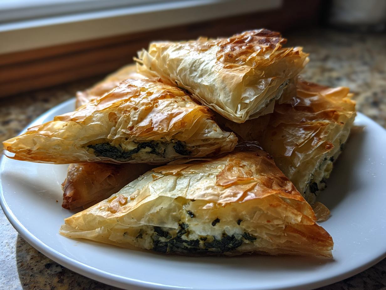 A stack of golden, flaky Mediterranean Spinach and Feta Cheese Crisps on a white plate.