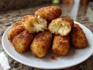 A pile of crispy, golden-brown potato croquettes on a white plate, one is cut open showing melted cheese inside.