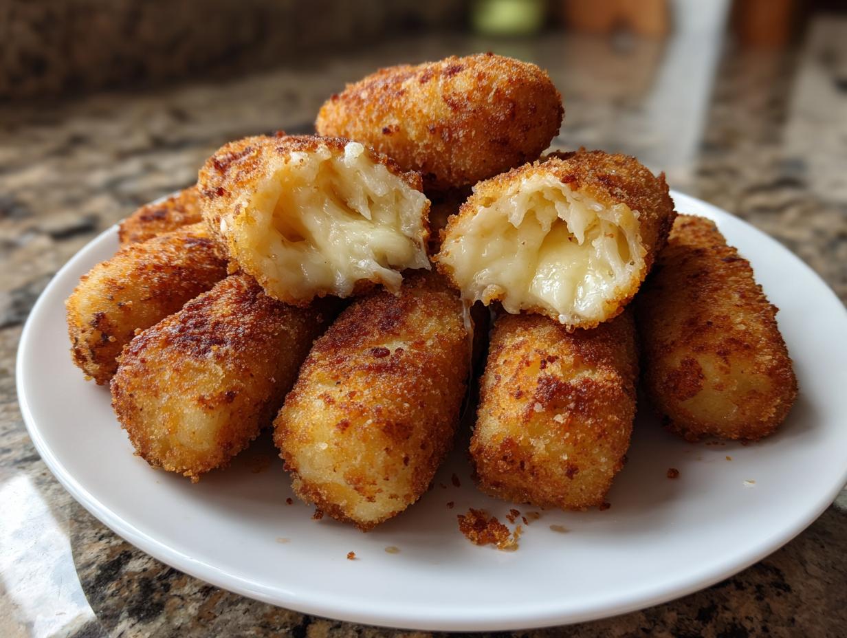 A pile of crispy, golden-brown potato croquettes on a white plate, one is cut open showing melted cheese inside.