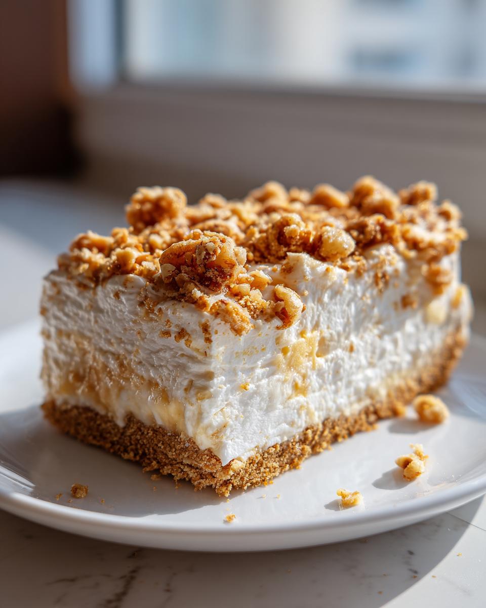 A rich slice of million dollar pie featuring a graham cracker crust, creamy filling, and crunchy nut topping.