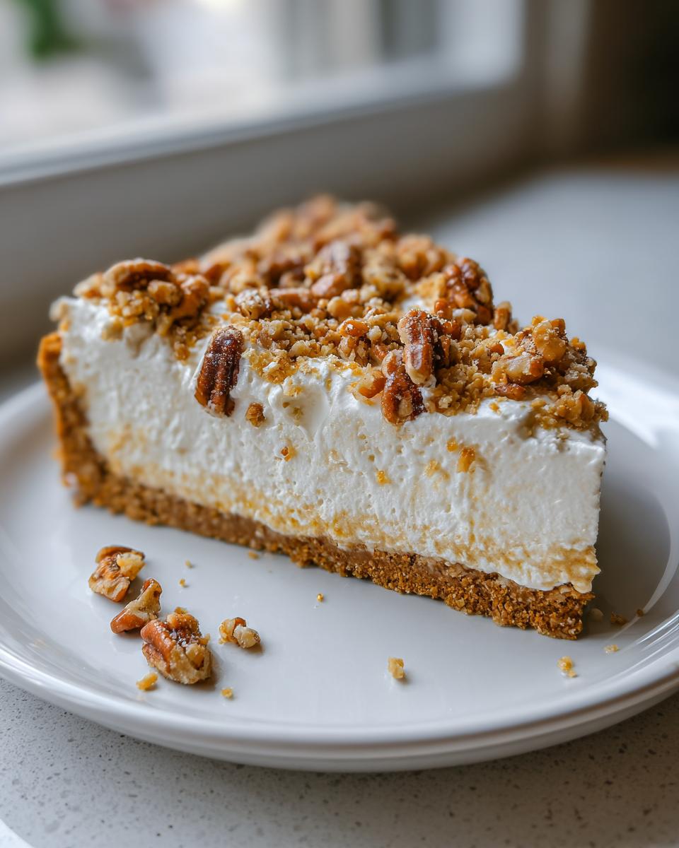 A thick slice of creamy Million Dollar Pie with a graham cracker crust and topped generously with pecans and crumble.