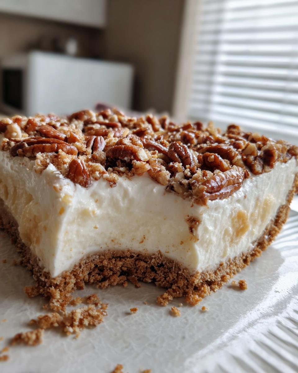 Close-up of a slice of creamy Million Dollar Pie showing graham cracker crust and pecan topping.