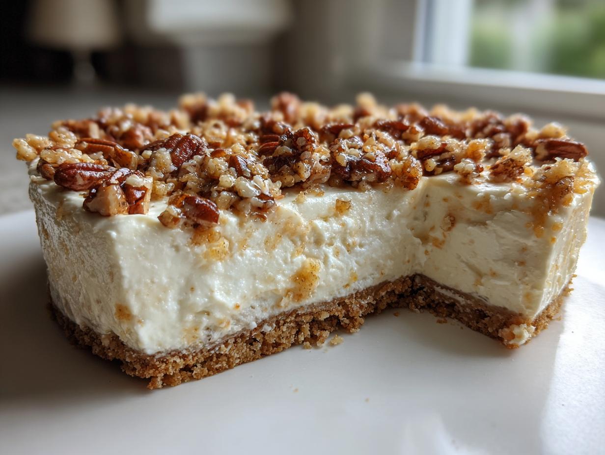 A close-up view of a slice of creamy Million Dollar Pie with a graham cracker crust and pecan topping.