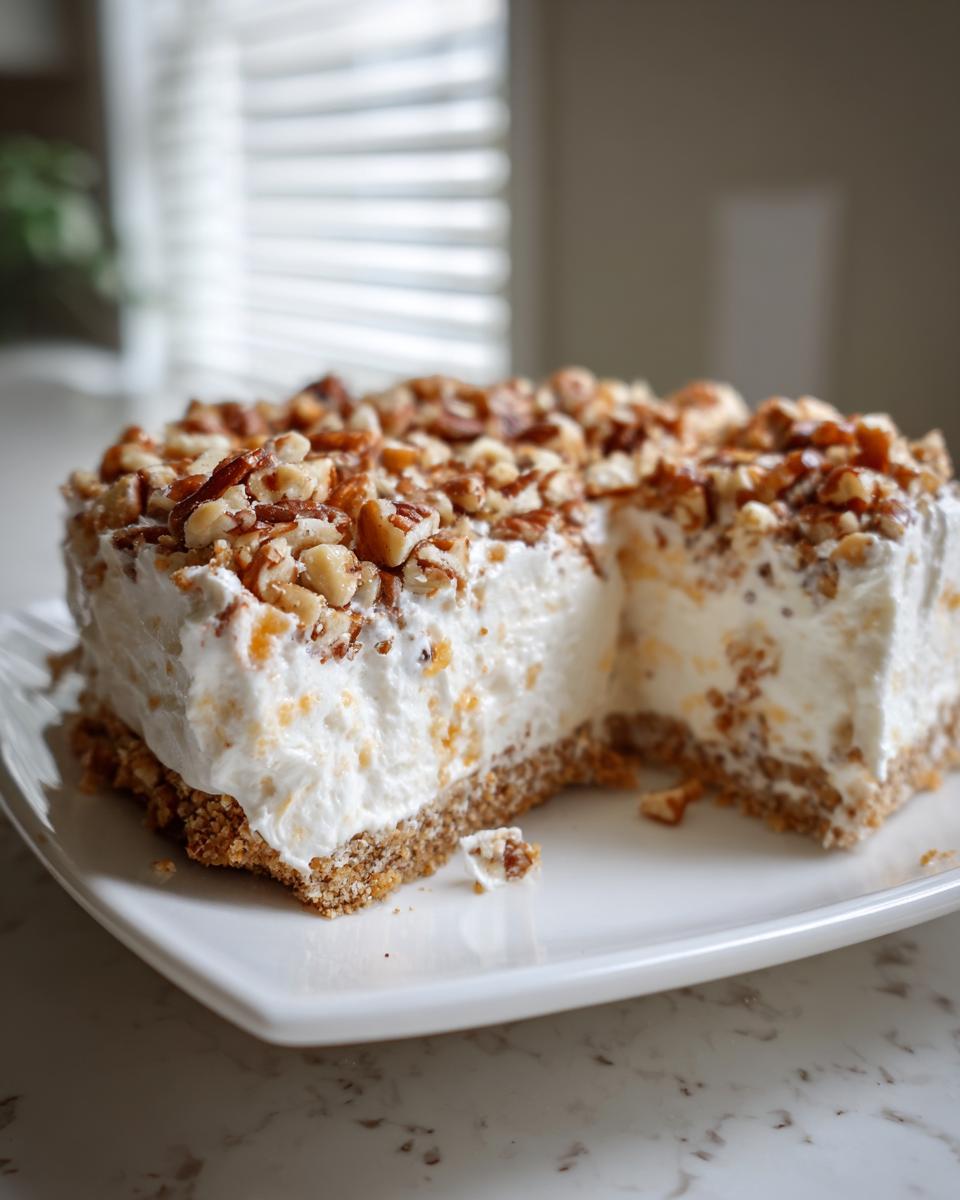 A square slice of creamy Million Dollar Pie with a graham cracker crust, topped generously with chopped pecans.