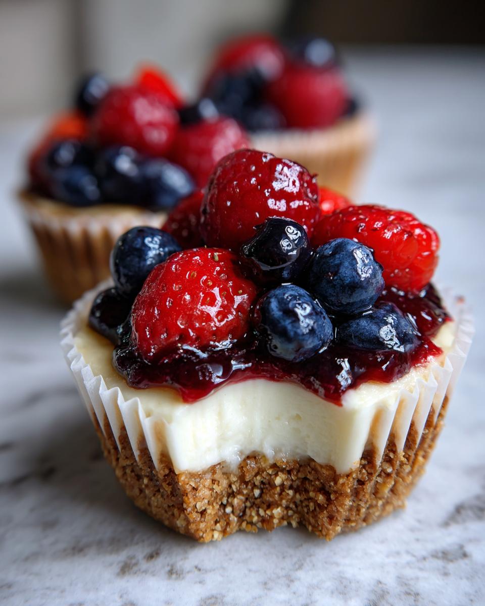 Close-up of a delicious mini cheesecake with a bite taken out, topped with strawberries, blueberries, and berry glaze.