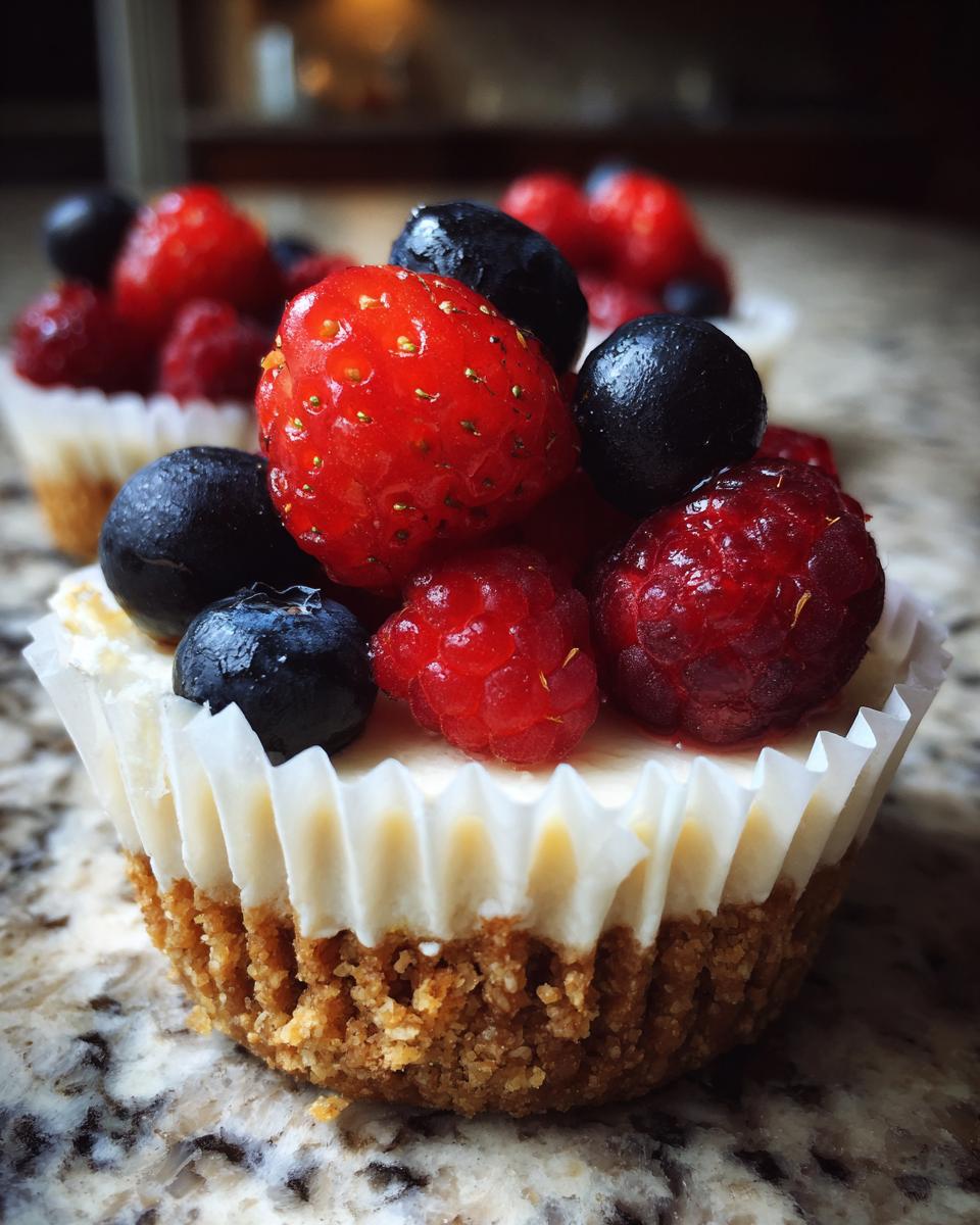 A close-up of a single mini cheesecake in a white liner, topped generously with fresh strawberries, blueberries, and raspberries.