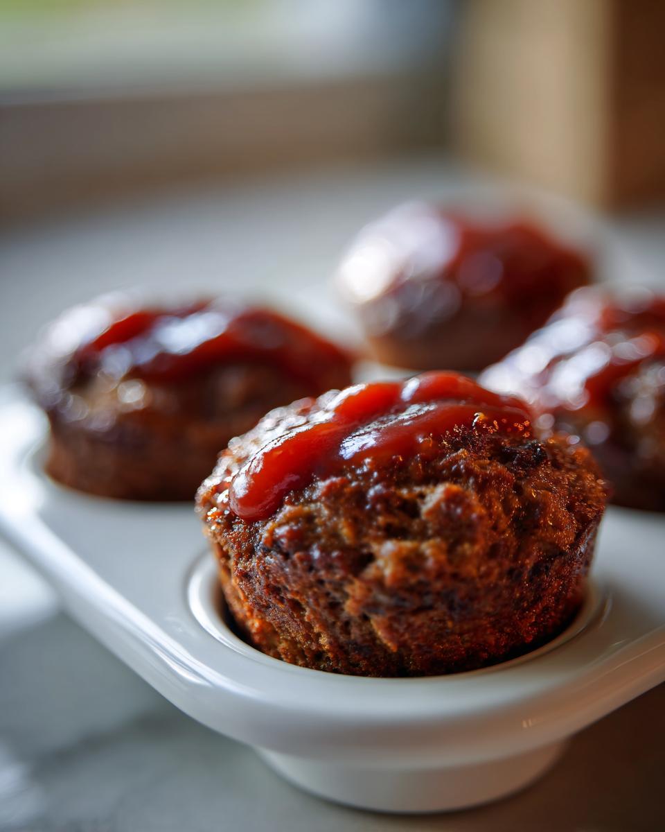 A close-up of a freshly baked mini meatloaf topped with a dollop of ketchup glaze, sitting in a white muffin tin.
