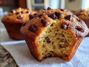 Close-up of a moist banana chocolate chip muffin with a bite taken out, showing the soft interior and chocolate chips.