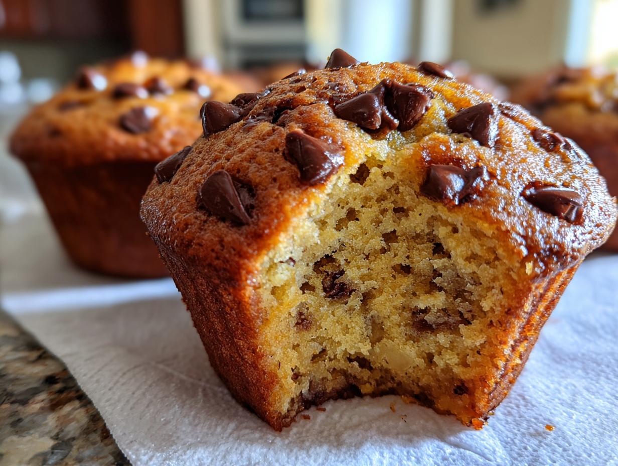 Close-up of a moist banana chocolate chip muffin with a bite taken out, showing the soft interior and chocolate chips.