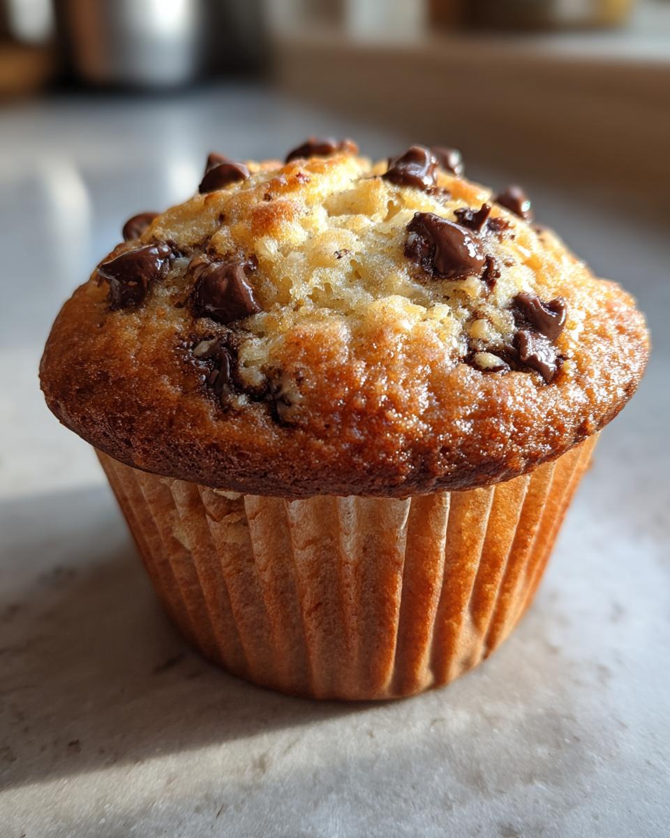 A close-up, golden-brown banana chocolate chip muffin topped with melted chocolate chips.