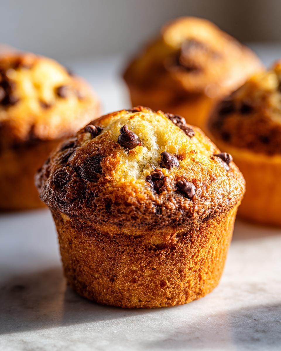Close-up of a golden-brown banana chocolate chip muffins with visible chocolate chips on top.