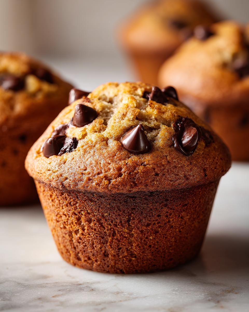 Close-up of a perfectly baked, moist banana chocolate chip muffin topped with melted chocolate chips.