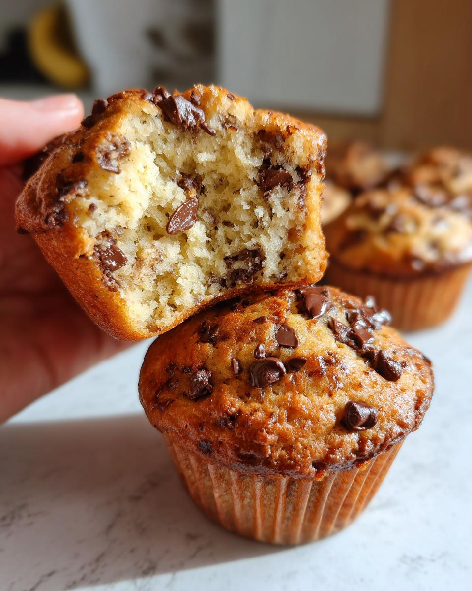 A hand holding a moist banana chocolate chip muffin cut in half, revealing the soft interior packed with chocolate chips.