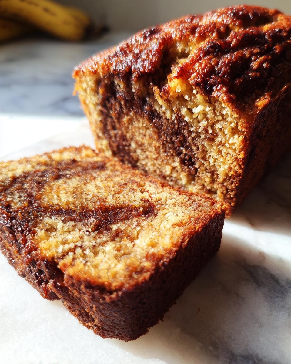Close-up of sliced banana zucchini bread showing a rich cinnamon swirl texture.