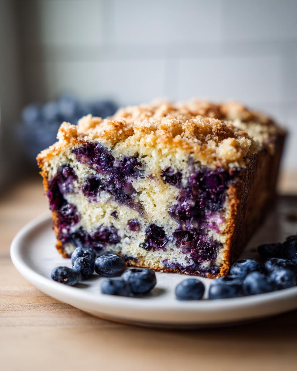 Close-up of a loaf slice of blueberry banana bread showing moist interior packed with blueberries and a crisp streusel topping.