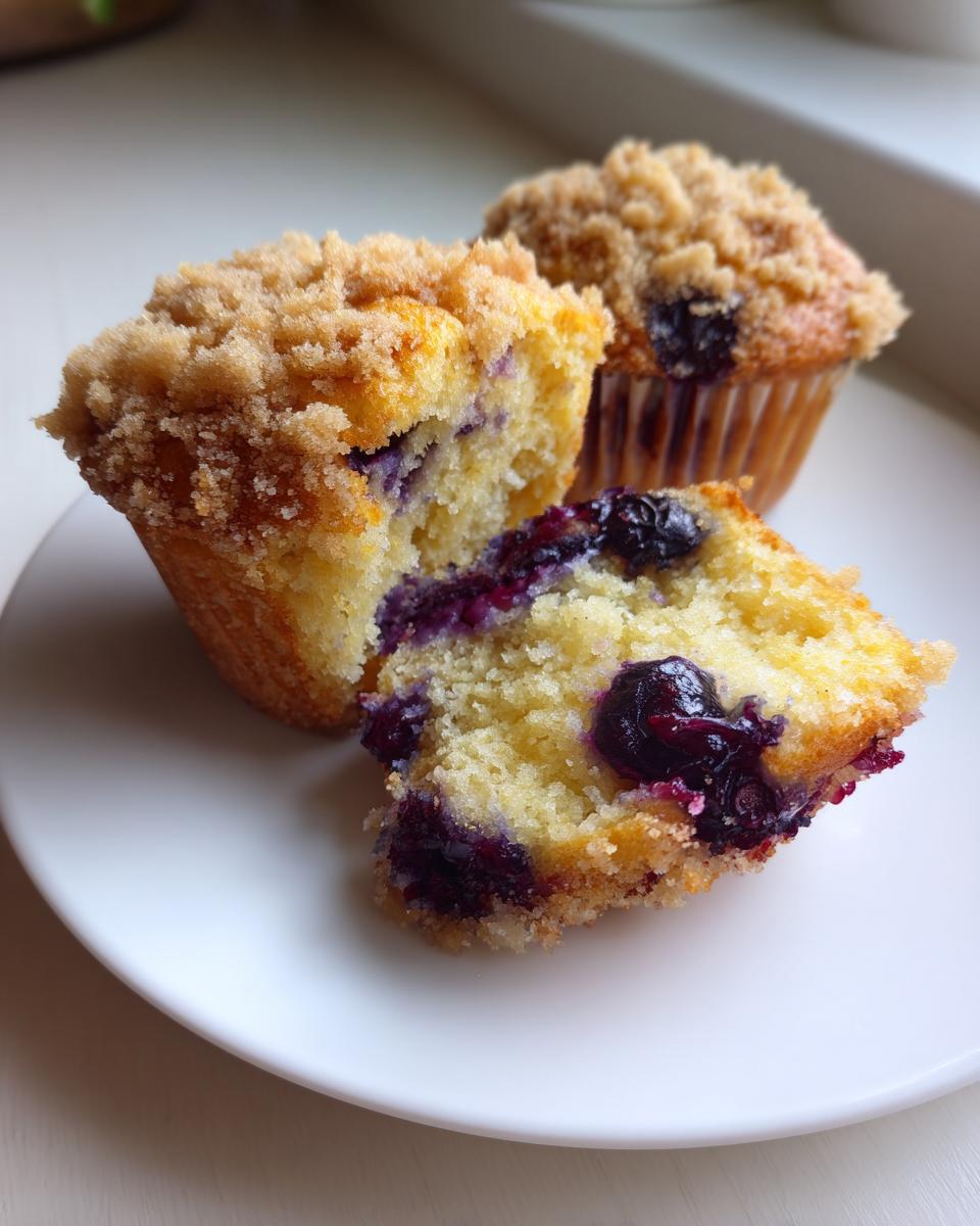Close-up of a halved blueberry muffin showing the moist interior packed with blueberries and a crumb topping.